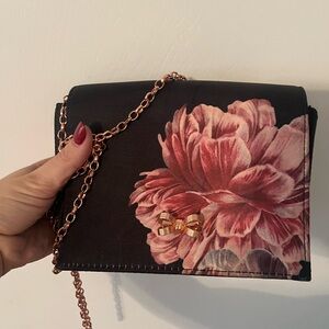 Ted Baker Black Pink Floral Small Purse w/ Rose Gold Chain